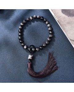 Buddha Stones Natural Silver Sheen Obsidian Lion Wrist Mala Protection Tassels Pocket Mala Car Decoration - 16mm