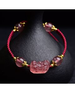 Buddha Stones Natural Strawberry Crystal Pixiu Charm Lucky Red String Bracelet - Strawberry Quartz(Wrist Circumference 14-20cm)