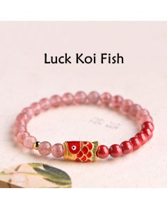 Buddha Stones Natural Strawberry Quartz Cinnabar Lucky Koi Fish Healing Bracelet - 18cm