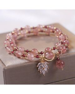 Buddha Stones Natural Strawberry Quartz Love Healing Maple Leaf Charm Double Wrap Bracelet - Strawberry Quartz(Love♥Healing) Bead Size 6mm