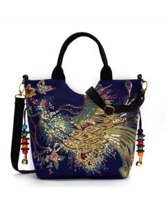 Buddha Stones Peacock Double-sided Embroidery Tote Bag Shoulder Bag Crossbody Bag - Wine Red Peacock / Simple Tote Bag