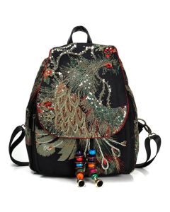 Buddha Stones Peacock Embroidery Canvas Tassel Backpack - Wine Red Peacock
