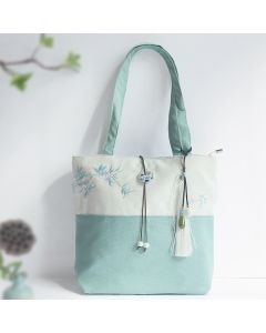 Buddha Stones Pear Flower Plum Peach Blossom Bamboo Embroidery Canvas Large Capacity Shoulder Bag Tote Bag - Beige White Mangushakas Flower