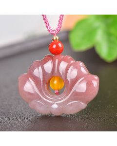 Buddha StonesPink Golden Silk Jade Lotus Flower Wealth Necklace Pendant - Pink Golden Silk Jade