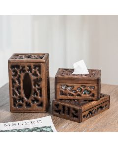Retro Wooden Tissue Box Engraved Wooden Tissue Holder Wipes Boxes Decoration - 15*15*8cm-Fit For 100 Tissues