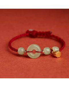 Buddha Stones Round Peace Buckle Jade Lotus Happiness Abundance Wealth String Bracelet - Lotus-Red(Wrist Circumference 14-18cm)