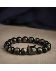 Buddha Stones Gold Sheen Obsidian Silver Sheen Obsidian Lovely Paw Lucky Cat Protection Bracelet - Silver Sheen Obsidian / Necklace / 14*15*9mm