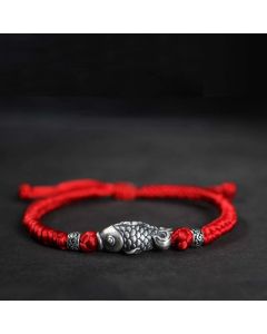Buddha Stones Silver Luck Koi Fish Braided String Bracelet - Gray(Wrist Circumference 14-20cm)