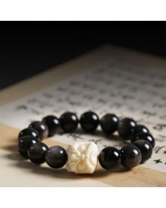 Buddha Stones Silver Sheen Obsidian Bodhi Seed Ivory Fruit Dancing Lion Protection Bracelet - Bodhi Seed(Auspiciousness♥Luck) / 14mm