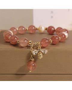 Buddha Stones Strawberry Quartz Pearl Cute Zircon Honeybee Positive Charm Bracelet - Strawberry Quartz&Pearl