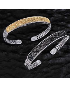 Buddha Stones Tang Dynasty Flower Design Engraved Copper Luck Cuff Bracelet Bangle Adjustable Ring - Silver Tang Dynasty Flower Design / Ring