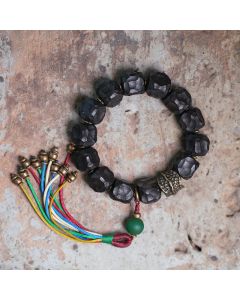 Buddha Stones Tibet Ebony Wood Copper Peace Tassel Wrist Mala Bracelet - 18cm