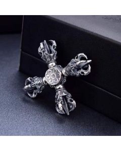 Buddha Stones Tibetan 925 Sterling Silver Double Dorje Vajra Engraved Spiritual Power Pendant - Hand Playing Piece 51*50mm