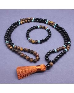 Buddha Stones Tibetan Black Onyx Peaceful Mala Set - Bracelet + Mala