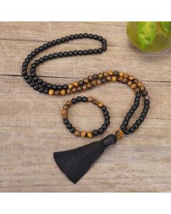 Buddha Stones Tibetan Black Onyx Tiger Eye Protection Necklace Mala Set - Bracelet + Mala