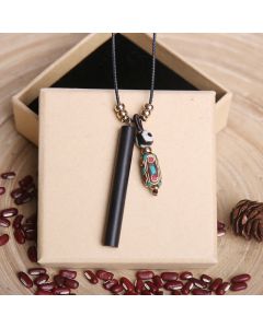 Tibetan Ebony Wood Dzi Bead Peace Calm Necklace Pendant - 5.5*1.2cm