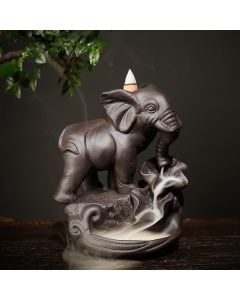 Tibetan Elephant Purple Clay Backflow Smoke Fountain Peace Healing Incense Burner Decoration - Black