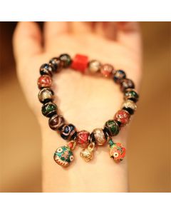 Buddha Stones Tibetan Gold Swallowing Beast Family Five God Of Wealth Thangka Fortune Bead Bracelet - Blue Green-Green God Of Wealth