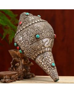 Buddha Stones Tibetan Handmade Natural Shankha Engraved Eight Auspicious Symbols Conch Shell Lucky Home Decoration - 27.5*15cm