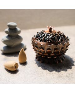 Buddha Stones Tibetan Lotus Shaped Purify Incense Burner - Gold
