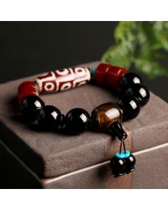 Buddha Stones Tibetan Nine-Eye Dzi Bead Black Onyx Wealth Protection Bracelet - Nine-Eye Dzi Bead
