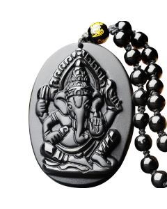 Buddha Stones Tibetan Obsidian Ganesh Ganpati Elephant Wealth Amulet Necklace - Obsidian