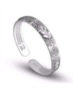 Buddha Stones Tibetan PiXiu Heart Sutra Coin White Copper Wealth Bracelet Adjustable Bangle - White Copper