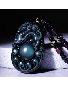 Buddha Stones Tibetan Positive Rainbow Obsidian PiXiu Necklace - L