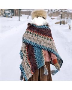 Buddha Stones Tibetan Shawl Blue Beige Red Wavy Pattern Winter Warm Tassel Scarf - Blue Beige Red