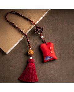Buddha Stones Tibetan Small Leaf Red Sandalwood Lotus Cinnabar Sachet Protection Tassel Car Hanging Decoration - Health And Blessings