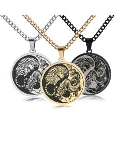 Buddha Stones Tiger Dragon Titanium Steel Chain Necklace Harmony Pendant - Gold