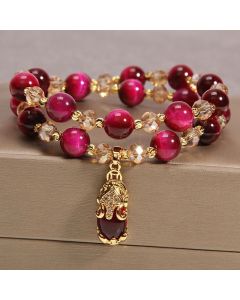 Buddha Stones Tiger Eye Pixiu Fox Money Bag Protection Self Confidence Double Wrap Bracelet - Red Tiger Eye&Lucky Cat