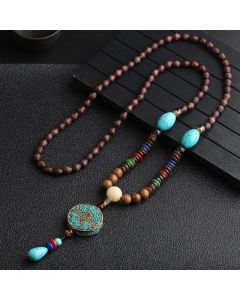 Buddha Stones Turquoise Dzi Bead Prayer Wheel Wenge Wood Meditation Necklace - Gold Prayer Wheel