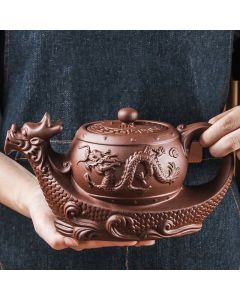 Buddha Stones Vintage Dragon Auspicious Clouds Purple Clay Ceramic Teapot - Red(400ml)