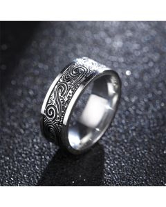 Buddha Stones Vintage Wave Auspicious Clouds Engraved Pattern Titanium Steel Balance Ring - US6.5