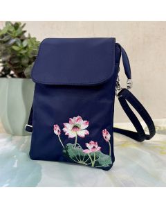 Buddha Stones Waterproof Handmade Embroidered Lotus Flowers Crossbody Bag Shoulder Bag Cellphone Bag - Blue  Flower Grass