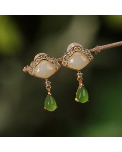 Buddha Stones White Jade Cyan Jade Fan Water Drop Pattern Luck Drop Earrings - White Jade&Cyan Jade