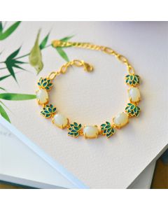 Buddha Stones White Jade Cyan Jade Lotus Protection Bracelet - Cyan Jade