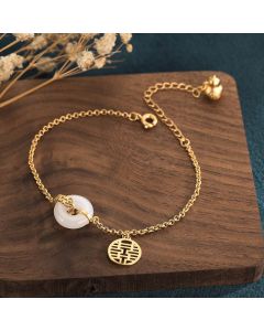 Buddha Stones White Jade Double Happiness Fortune Bracelet - White Jade