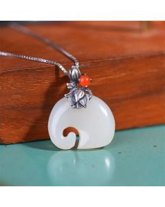 Buddha Stones White Jade Elephant Lotus Protection Necklace Pendant - Elephant&45+5cm Chain