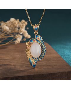 White Jade Peacock Copper Blessing Necklace Pendant - White Jade ( Protection ♥ Happiness)