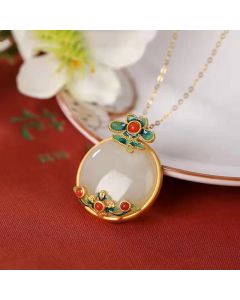 White Jade Red Agate Flower Blessing Luck Necklace Pendant - White Jade(Protection♥Happiness)