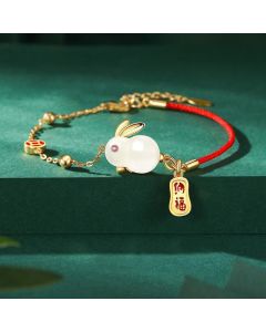 Buddha Stones Year of the Rabbit White Jade Happiness Red String Chain Bracelet - White Jade(Protection♥Happiness)(Wrist Circumference 13-19cm)