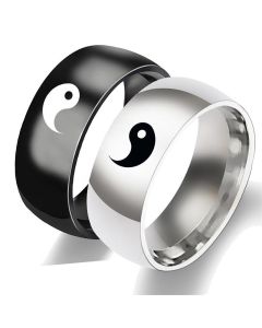 Buddha Stones Yin Yang Balance Titanium Steel Couple Ring - Silver / US13