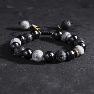 Buddha Stones Retro Lave Stone Black Obsidian Yin Yang Strength Bracelet