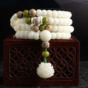 Buddha Stones Hainan Natural White Jade Bodhi Beads Lotus Mala Necklace Bracelet