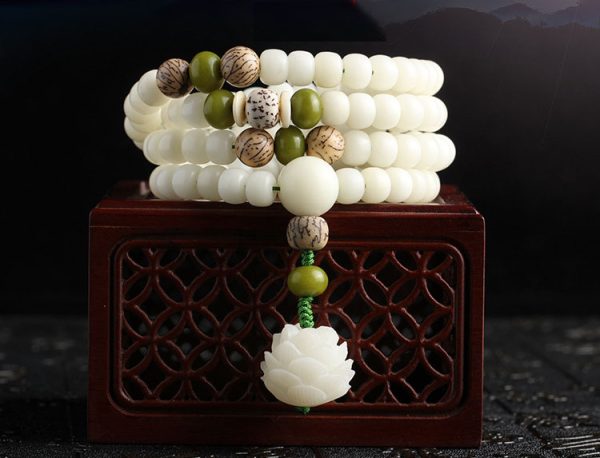 Buddha Stones Hainan Natural White Jade Bodhi Beads Lotus Mala Necklace Bracelet