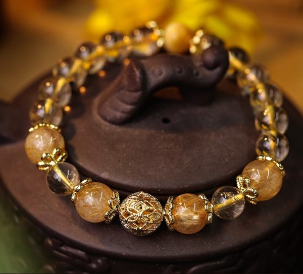 Buddha Stones Natural Citrine Amethyst Rutilated Quartz Lucky Fortune Bracelet