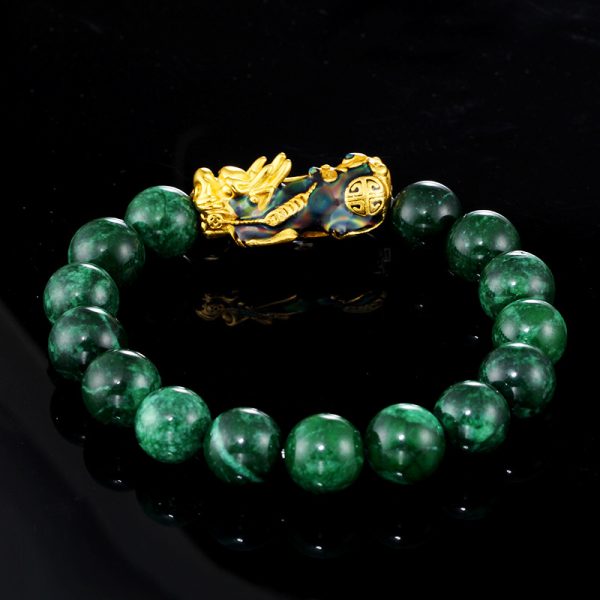 Buddha Stones Cyan Jade Gold Plated Fengshui Pixiu Bracelet - Image 2