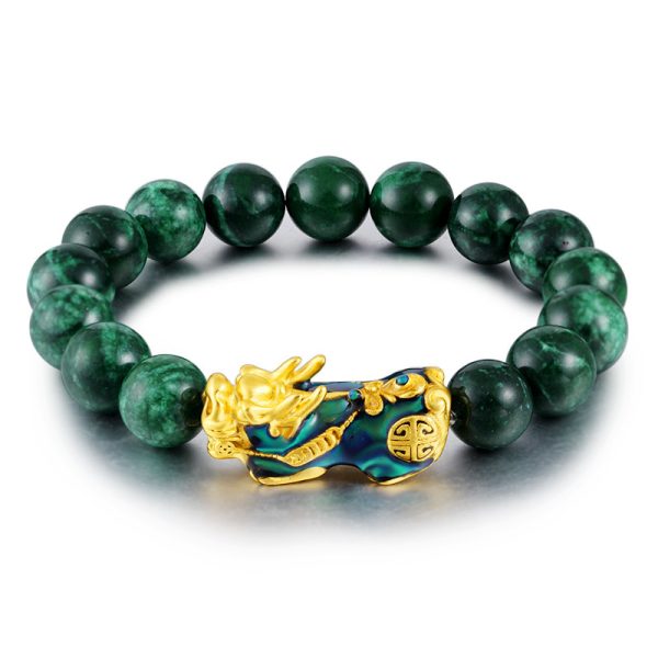 Buddha Stones Cyan Jade Gold Plated Fengshui Pixiu Bracelet - Image 4